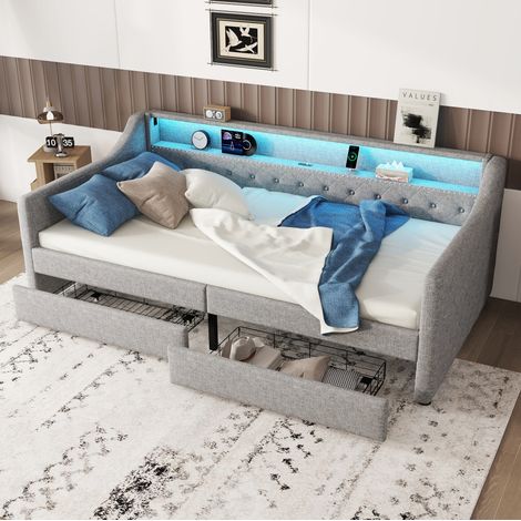 Cama Individual 90x200 Cm 2 Cajones Cabecero LED Tela Gris (1/5)