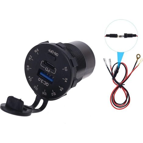 Adaptateur chargeur de voiture rapide 18 W QC3.0 avec port USB encastré, voltmètre et bouton marche/arrêt