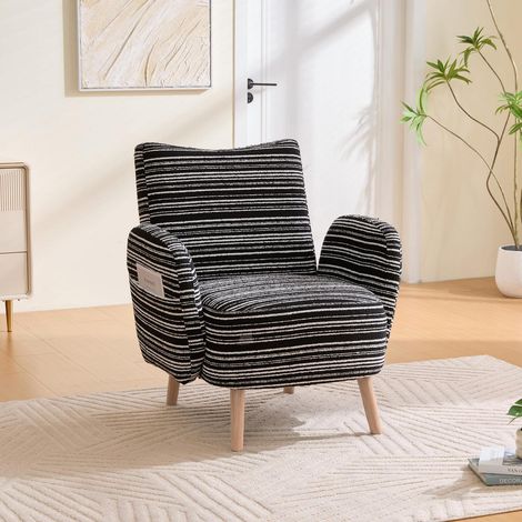 Ohrensessel mit Seitentaschen, Bouclé Garn, Massivholzbeine, Schwarz 77x81cm (1/5)
