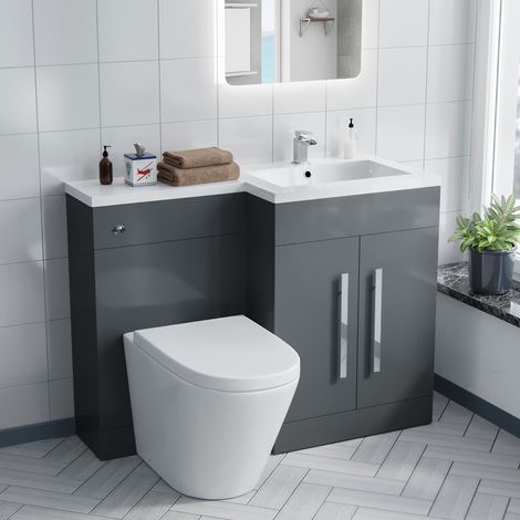 Aric 1100 mm Grey Right Hand Basin Flat Pack Vanity Cabinet and WC Toilet Pan with Seat (1/5)