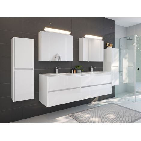 Badmöbelset Taifun 190cm 5tlg mit 2x Spiegelschrank und 2x Seitenschrank weiß Hgl