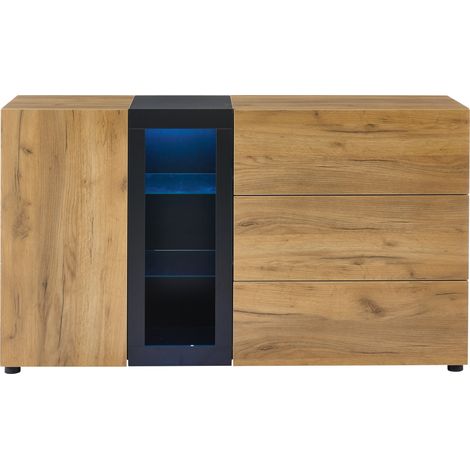 GagaBuffet moderne 140 cm, 3 tiroirs, LED, noir marron (1/5)