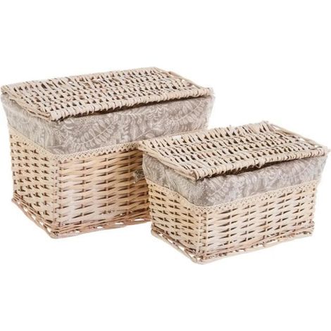 Panier de rangement - JUANIO - Rectangulaire empilable - Lot de 2 - Osier & tissu - Coloris naturel (1/4)