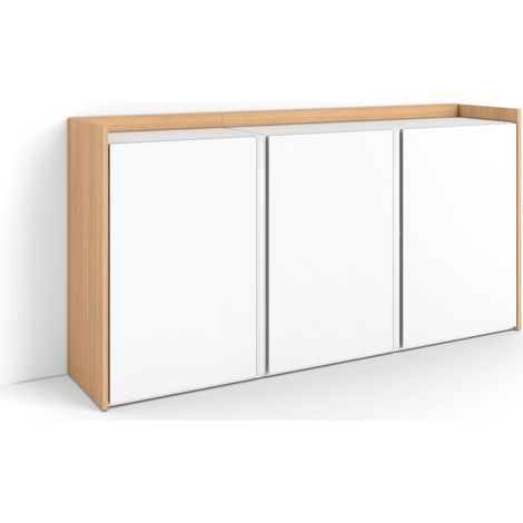 Skraut Home - Credenza, Mobile, Cucina, Madia, mobile ingresso, 156x35x80cm, 3 Porte, grande stoccaggio, Stile moderno, Bianco e Rovere soft (1/5)