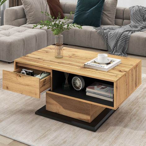 Modernluxe – Table basse fixe 100x47x60 cm – 1 tiroir et 1 niche – Panneaux de particules – Style industriel naturel (1/5)
