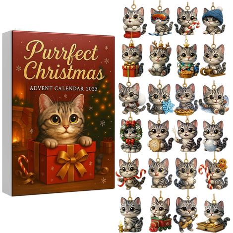 Calendrier de l'Avent de Noël avec 24 pendentifs en acrylique 2D sur le thème des chats, jolie décoration de Noël pour la maison (1/5)