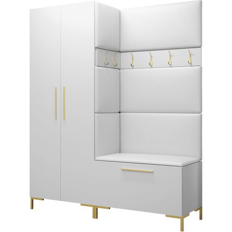 Mobilier1 – Meuble d'entrée blanc 196x158x44cm – Stratifié et faux cuir – Résistant aux rayures – Compatible avec robots aspirateurs (1/5)