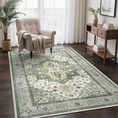 Tapis Salon Vintage 120x170cm Lavable en Machine Rug AntidéRapant Poil Ras, pour Chambre Salle a Manger Descente de Lit Bureau, Cuisine, Vert Sauge Délavé (1/5)