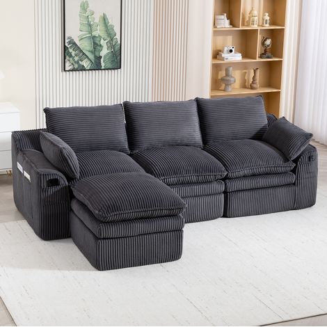 Divano modulare 3 posti in velluto a coste con pouf, 263 x 167 x 85 cm, grigio scuro DESVIAE (1/5)