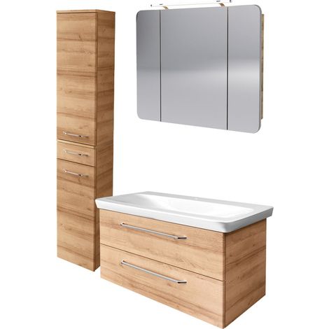 Fackelmann MILANO Badmöbel Set 4-teilig, 100 cm, Braun hell, Keramik, Spiegelschrank + Hochschrank"-"90297145 (1/3)