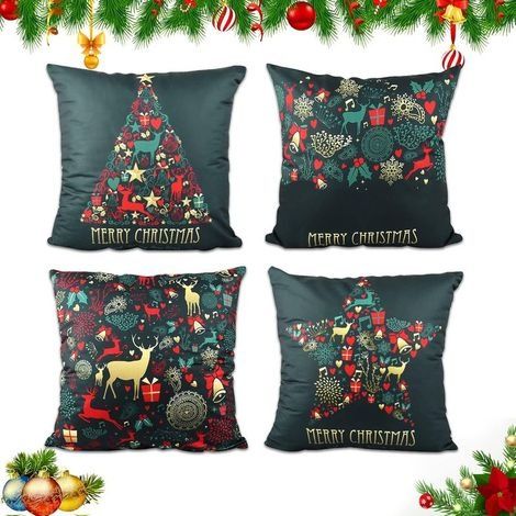 Housse de Coussin Noel, Coussin Taie d'oreiller Noël, 4 Pièces Taie Oreiller Noël, 45x45cm Noël Taie d'oreiller AVCE Fermeture Éclair Cachée, pour Canapé Lit Voiture Intérieur Maison Deco (1/5)