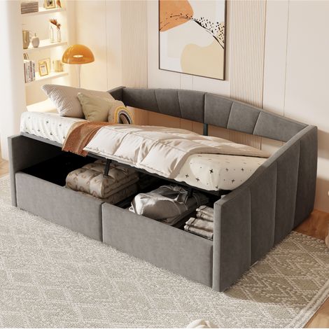 Cama sofá tapizada clásica 140x200 cm con arcón hidráulico, somier de láminas, reposabrazos y cabecero de terciopelo gris (1/5)