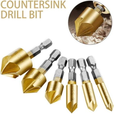1/4'' High Speed Steel Hex Countersink Drill Bit Set, 6pcs Baban 5 Blade Chamfering Knife, 90° Center Punch Tool with Titanium Coating (1/4)