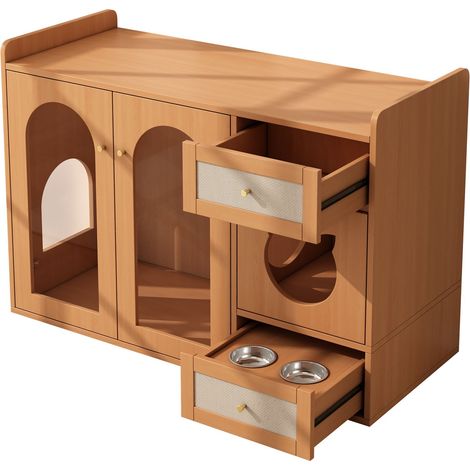 CAIziMeuble litière pour chat 120x45x83 cm, niche et rangement, noyer (1/5)