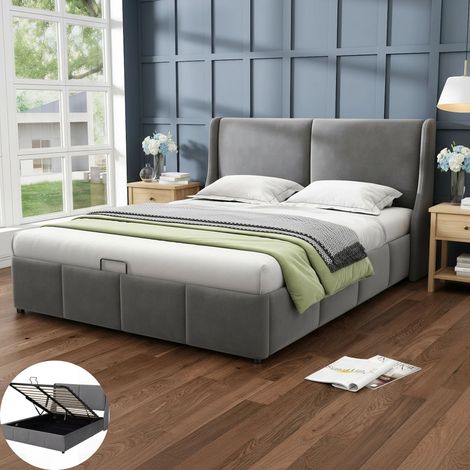 Lit coffre 140x190, Lit Capitonné, Tête de Lit en Velours Gris, Structure de lit avec Sommier à Lattes, Lit Adulte pour 2 Personnes (1/5)