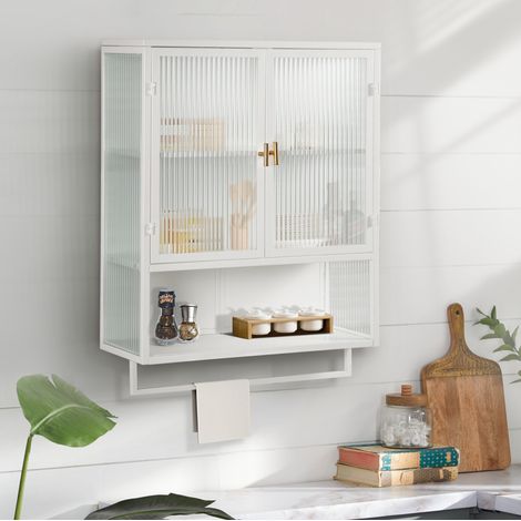 MEUBLIV Wandschrank 60 cm weiß mit Glastüren, offenem Regal und Handtuchhalter (1/5)