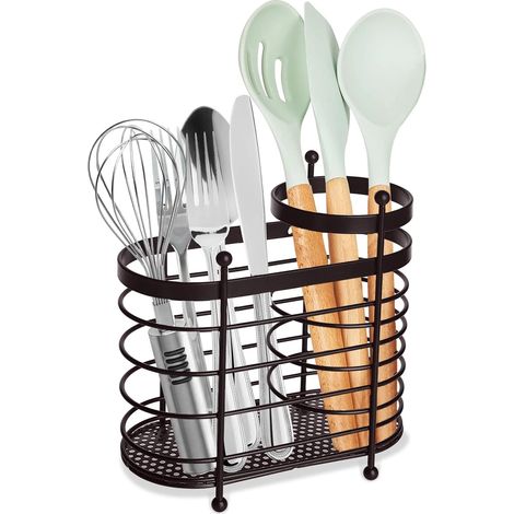 Porte-ustensiles de cuisine pour plan de travail, support en métal bronze avec trous d'évacuation, rangement pour ustensiles de cuisine et couverts. (1/5)
