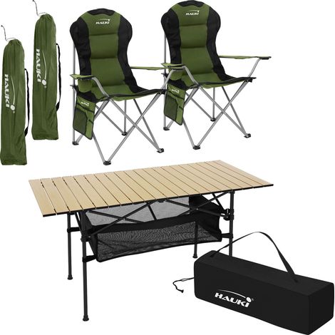 Hauki Set de Meubles de Camping, 3 Pièces, Table en Aluminium, Beige, 2 Chaises de Pêche Pliantes Kaki, Ensemble Pratique avec Sac de Transport, pour 2 Personnes, Mobilier d'Extérieur Jardin Voyage (1/5)