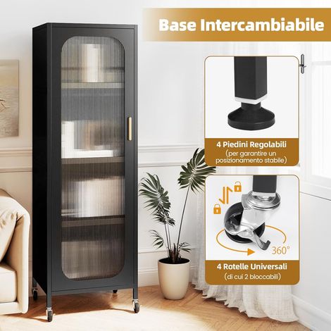 COSTWAY Mobile da Cucina in Metallo a 5 Ripiani, Credenza Salvaspazio con Mensole Regolabili 4 Ruote, Base Intercambiabile e Porta Semitrasparente, Organizzatore per Sala da Pranzo, Soggiorno (Nero) (1/5)