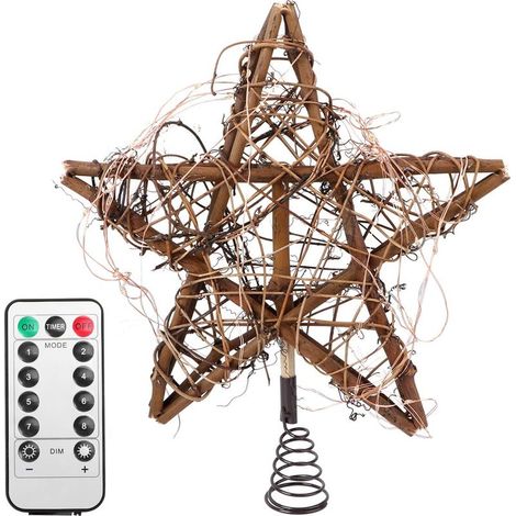 Topper de sapin de Noël en rotin illuminé avec des étoiles à cinq branches avec des guirlandes lumineuses Décorations de Noël Ornements de sapin de Noël pour décoration de maison de vacances de Noël B (1/5)