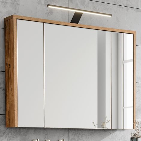 Badezimmer-Spiegelschrank mit Beleuchtung 100 cm breit HARLOW-56 Eiche Dekor, B/H/T ca. 100/75-80/16 (1/5)