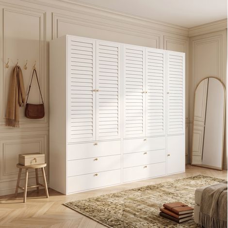 MODFU – Armario 225x50x200 cm con 5 puertas de lamas, 6 cajones, 3 roperos y perchero para pantalones – Blanco (1/5)