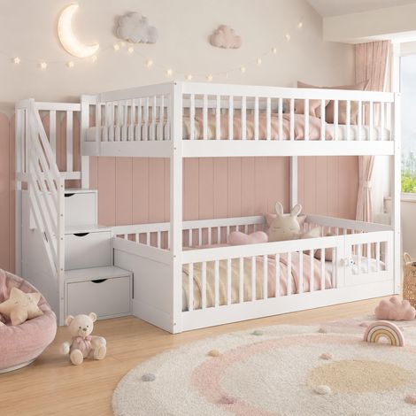 Lit superposé enfant en bois 140x200cm avec escalier rangement avec tiroirs-porte ouvrante-garde-corps-sans matelas- MDF-Blanc (1/5)