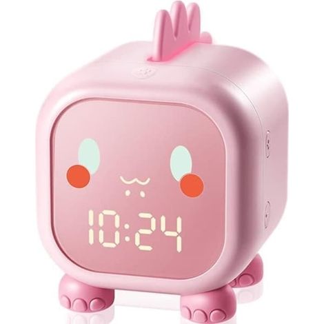 SABIR-(Rose) Réveil veilleuse pour enfants, horloge pour filles, lampe de table jour/nuit, rappel musical, affichage de l'heure (Rose) (1/4)