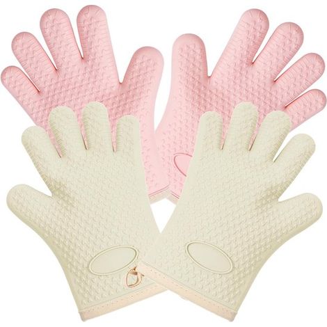 Gants de four en silicone – Lot de 2 – Résistants à la chaleur et étanches – Prise pour aliments chauds, barbecue et cuisson – Blanc et rose (1/5)