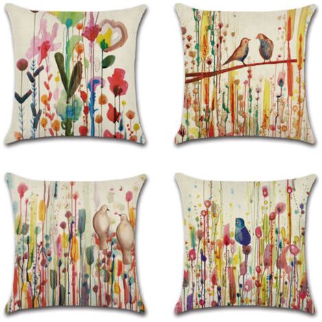 QORVA-Housses de coussin 45 x 45 cm, lot de 4 housses de coussin en lin, décorations fleur oiseau de vie pour canapé, jardin extérieur, lit, canapé, voiture (45 x 45 cm)