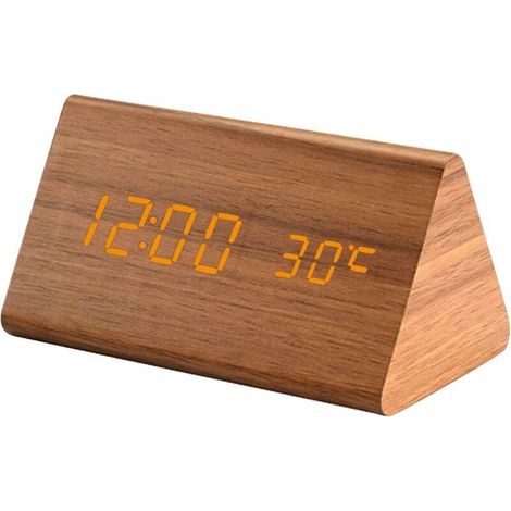 Triangle LED digital alarm clock with voice control, snooze function, date (brown) (1/5)
