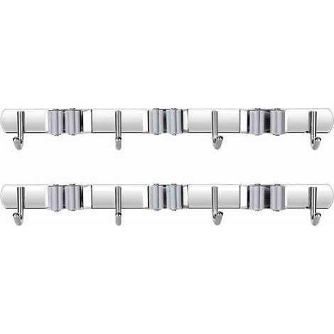 Support balai acier inoxydable 3 clips 4 crochets gris lot de 2