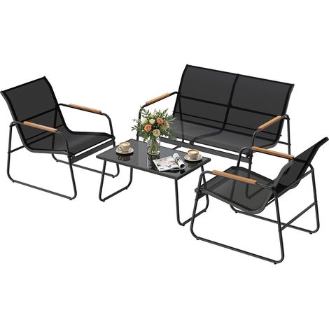 WOLTU Set di Mobili da Esterno 4 Pezzi, Set da Conversazione per Patio Tavolino da Caffè, Sedie da Giardino per Veranda, Balcone, Giardino e Cortile Nero