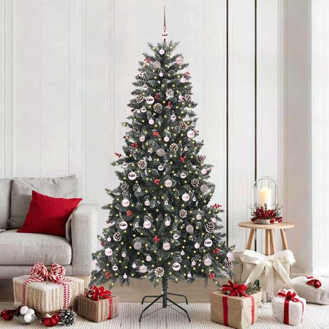Sapin de Noël Artificiel 210 cm avec LED Pommes de Pin et Boules Vert en PVC et Acier - PANGIVO (1/5)