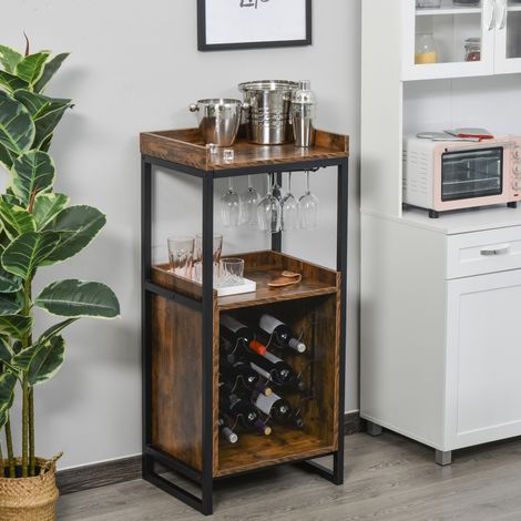 Cantinetta Vini Industriale per 9 Bottiglie con Portacalici, Mobile Portabottiglie in Legno Marrone, Étagère à Vin Compacte avec Support à Verres, Meuble de Cave à Vin Rustique pour Cuisine et Salon (1/5)