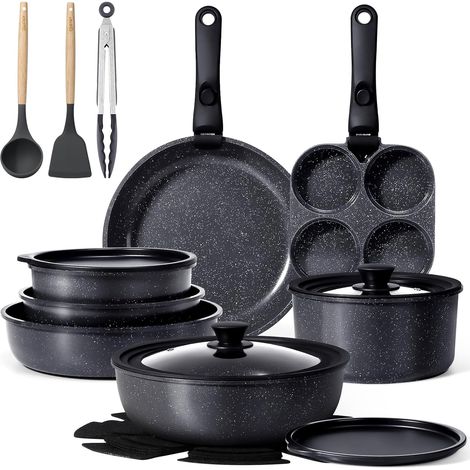 Batterie de Cuisine Céramique Antiadhésive et Poignee Amovible, 21 PCS  Sets de Poêles et Casseroles avec Antiadhésif en Granit, Adapté au Camping, Résistantes au Four, Compatible Tous Feux, Noir (1/5)