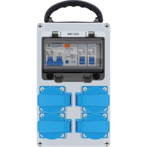 Répartiteur de courant de construction mural pré-câblé, 4 prises Schuko 230 V, 1 interrupteur FI 32 A + 2 interrupteurs LS 16 A, boîtier étanche IP67 pour l'intérieur et l'extérieur (1/5)