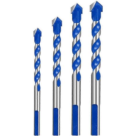 Juego de 4 brocas Overlord azules, brocas triangulares multifuncionales de aleación para taladrar azulejos, vidrio y hormigón (6 + 8 + 10 + 12 mm). (1/4)