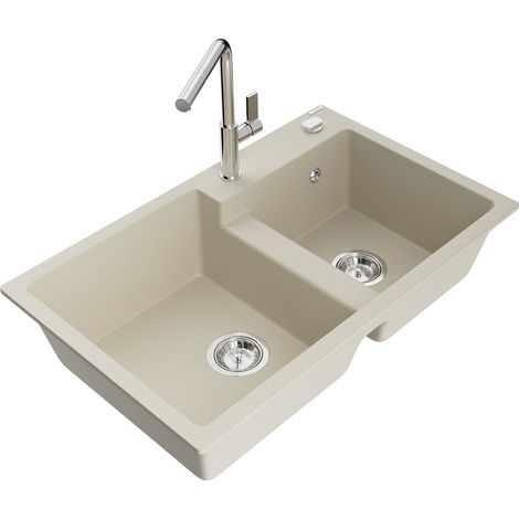 Mexen Tomas fregadero de granito de 2 compartimentos con grifo de cocina Flora, beige - 6516-69-670401-00 (1/5)