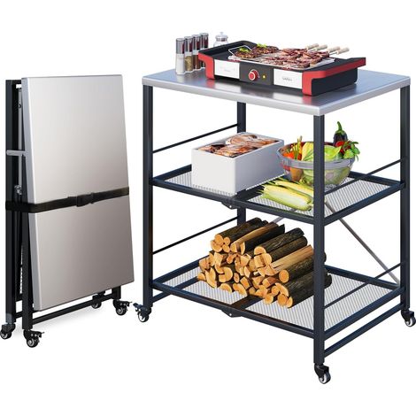 YODOLLA Foldable Stainless Pizza OvenTable,Three-Shelf Garden Food Trolley withWheels,Outdoor Grill Dining Cart MovableBBQ Trolley,Pizza Oven Trolley Stand, Silver (1/5)