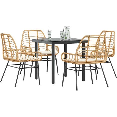 5-tlg. Garten-Essgruppe mit Kissen Braun Poly Rattan Glas