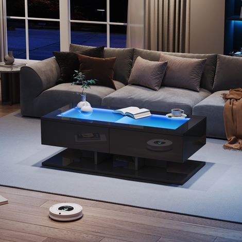 tavolo soggiorno 100x50x35 cm LED vetro lucido nero OKMYHOME (1/5)