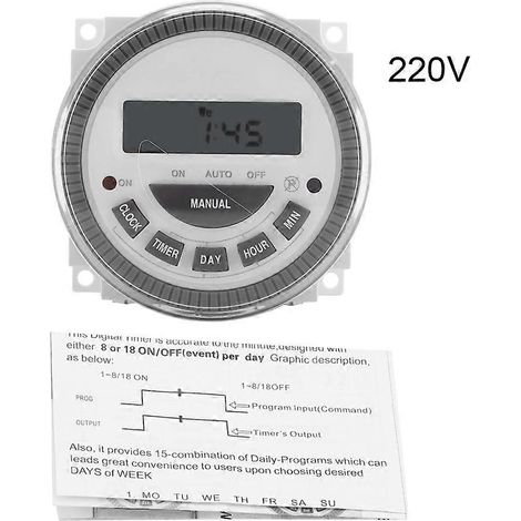 Minuterie numérique programmable hebdomadaire 16 A, sortie relais (220 V 16 A TM-619H-2) (1/4)