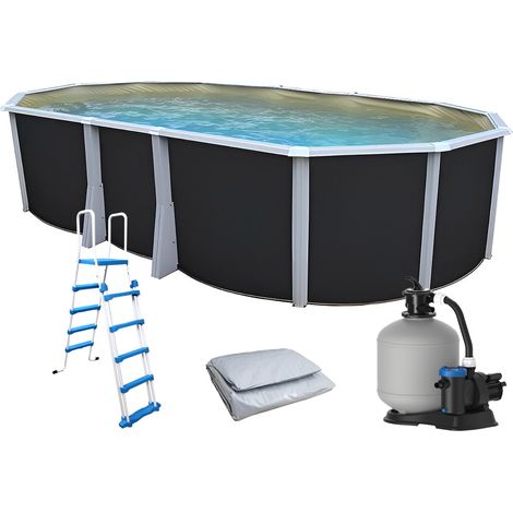 Kit piscine hors-sol acier Toi ANTHRACITE IBIZA ovale 640X366X132cm liner beige (1/5)