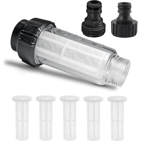 Filtre pour tuyau d'arrosage 3/4 - Lot de 8 pièces : 5 inserts filtrants + 2 connecteurs, compatible tous nettoyeurs haute pression (1/5)