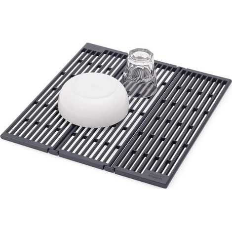 Égouttoir pliable et amovible, adapté à une utilisation au-dessus de l'évier, évacue l'eau rapidement, conception pliable ajustable, fond antidérapant, couleur gris anthracite. (1/4)