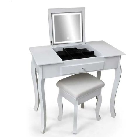 Consolle de maquillage avec miroir lumineux et tabouret rembourré 80 x 40 x 139 cm, blanc laqué
