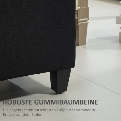 Coffre-banc de rangement en polyester aspect lin et bois d'hévéa noir, 100x40x44 cm