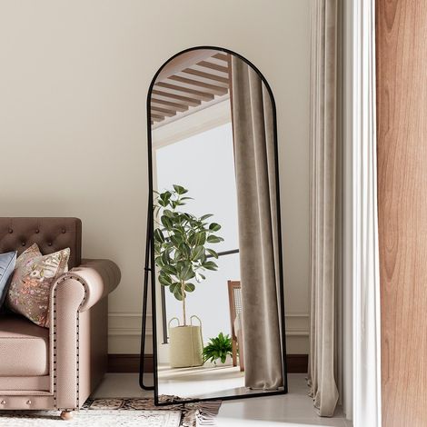 Espejo de pie 165x60 cm, espejo grande de suelo, Espejo de cuerpo entero, Espejo para dormitorio, vestidor y espejo de pared con marco fino, Medio círculo - Negro