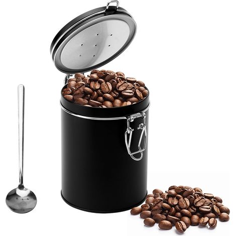 Boîte à café en acier inoxydable hermétique avec valve – Récipient sous vide noir pour conserver la fraîcheur – Boîte de conservation grains de café, poudre, thé, noix (1/5)
